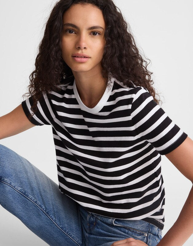 The Perfect Crewneck Tee in Allday Jersey BACK TO BLACK STRIPE