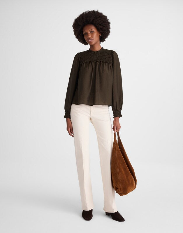 Smocked High-Neck Long-Sleeve Top MIDNIGHT OLIVE