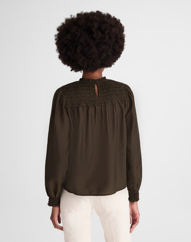 Smocked High-Neck Long-Sleeve Top MIDNIGHT OLIVE