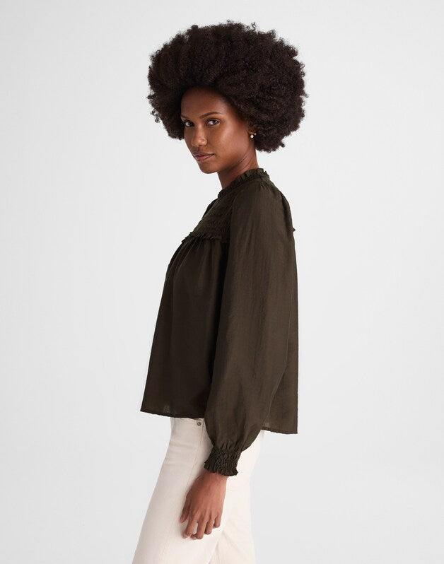 Smocked High-Neck Long-Sleeve Top MIDNIGHT OLIVE
