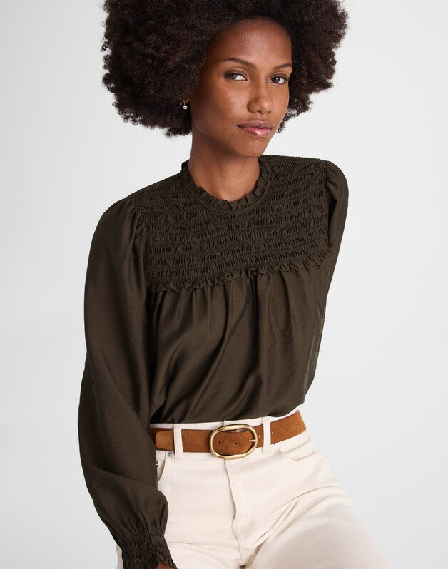 Smocked High-Neck Long-Sleeve Top MIDNIGHT OLIVE
