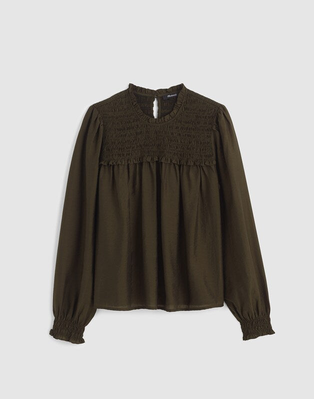 Smocked High-Neck Long-Sleeve Top MIDNIGHT OLIVE