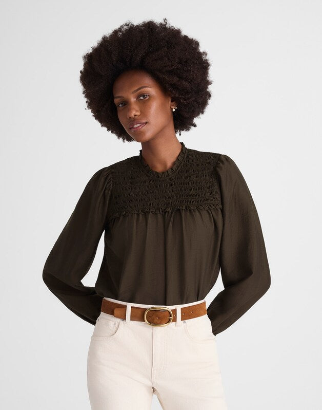 Smocked High-Neck Long-Sleeve Top MIDNIGHT OLIVE