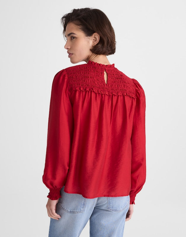 Smocked High-Neck Long-Sleeve Top CRIMSON