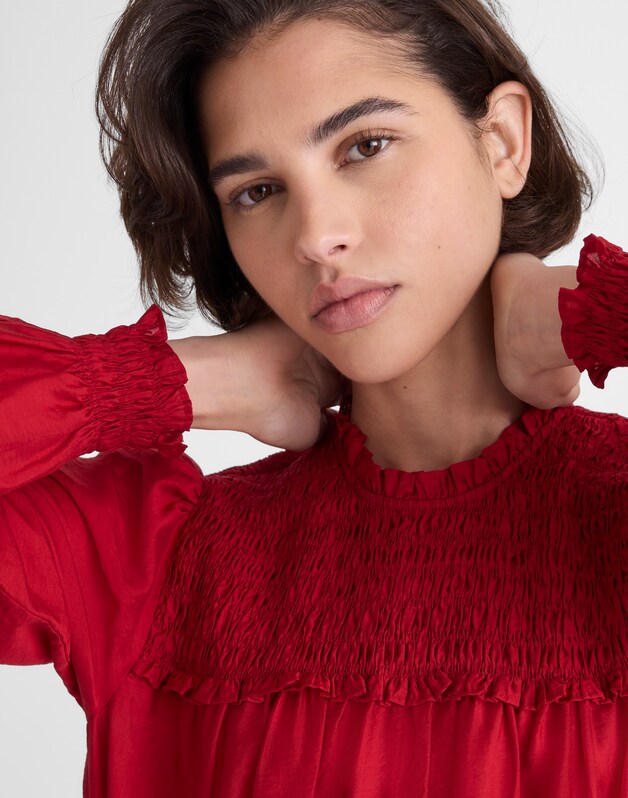 Smocked High-Neck Long-Sleeve Top CRIMSON