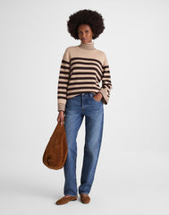 Ribbed Oversized Turtleneck Sweater in Wool Blend CHOCOLATE AND CAMEL STRIPE