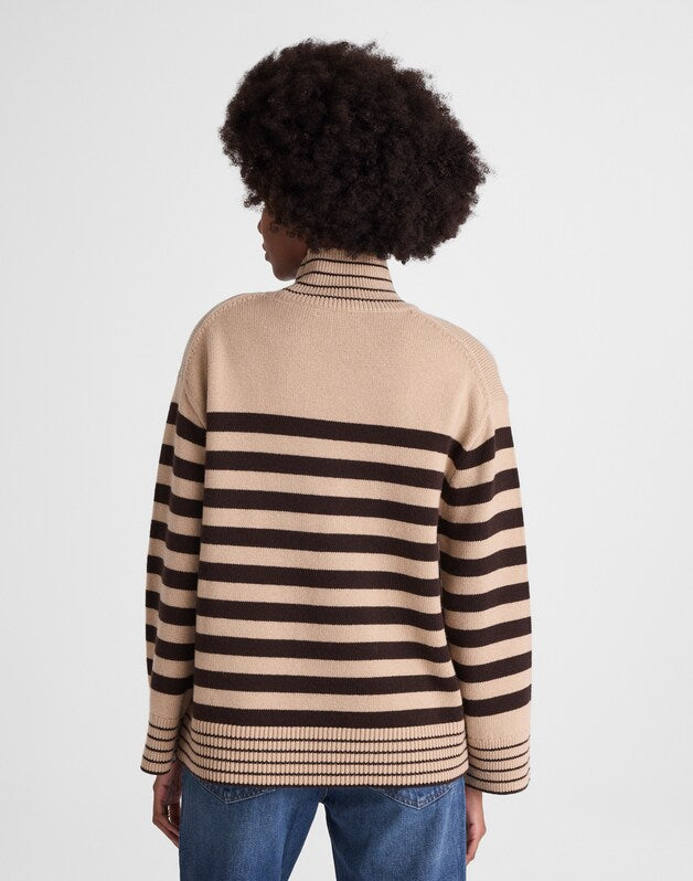 Ribbed Oversized Turtleneck Sweater in Wool Blend CHOCOLATE AND CAMEL STRIPE