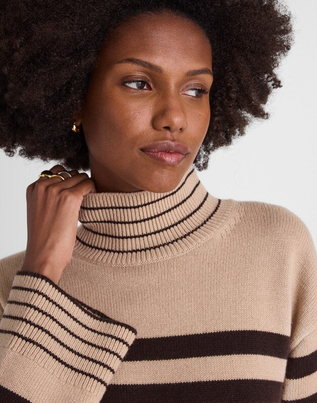 Ribbed Oversized Turtleneck Sweater in Wool Blend CHOCOLATE AND CAMEL STRIPE