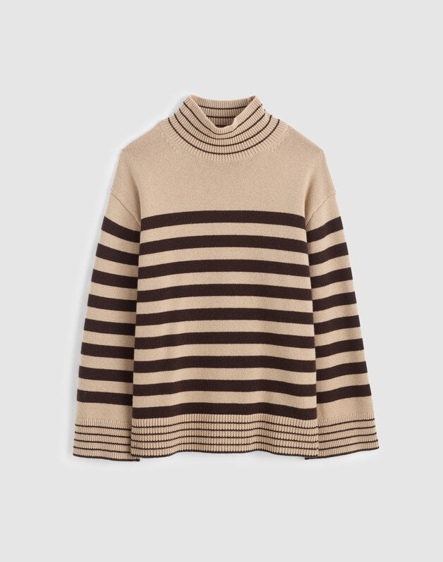 Ribbed Oversized Turtleneck Sweater in Wool Blend CHOCOLATE AND CAMEL STRIPE