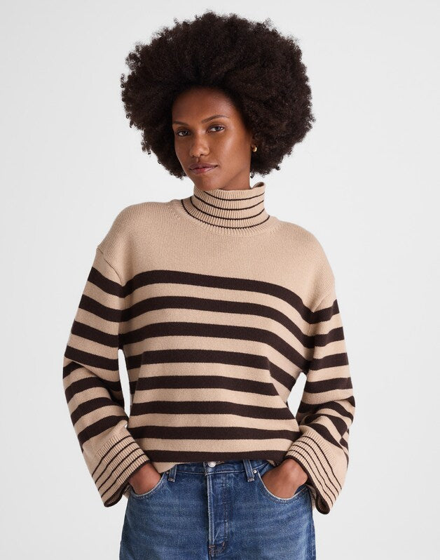 Ribbed Oversized Turtleneck Sweater in Wool Blend CHOCOLATE AND CAMEL STRIPE