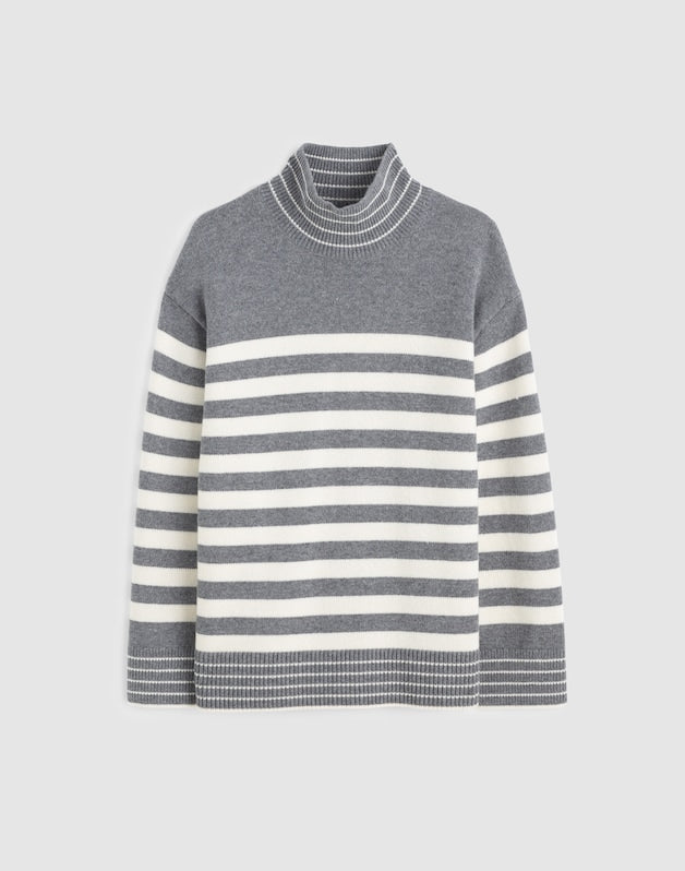 Ribbed Oversized Turtleneck Sweater in Wool Blend HTHR GREY AND IVORY STRIPE