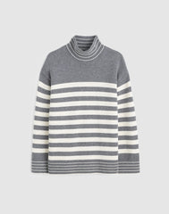 Ribbed Oversized Turtleneck Sweater in Wool Blend HTHR GREY AND IVORY STRIPE