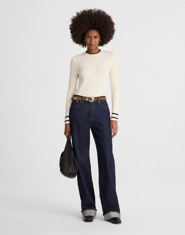 Boucl&eacute;-Knit Crewneck Sweater CREAM AND NAVY COMBO