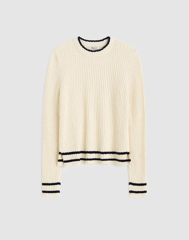 Boucl&eacute;-Knit Crewneck Sweater CREAM AND NAVY COMBO