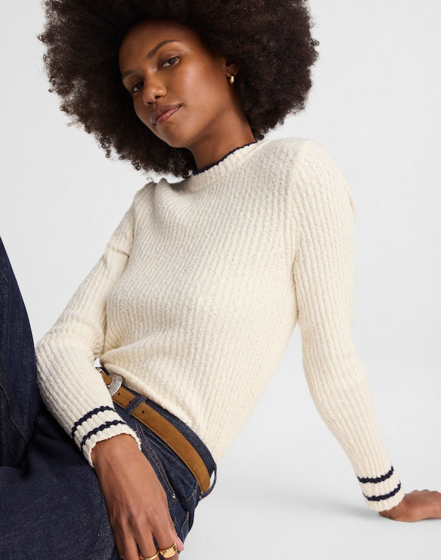 Boucl&eacute;-Knit Crewneck Sweater CREAM AND NAVY COMBO