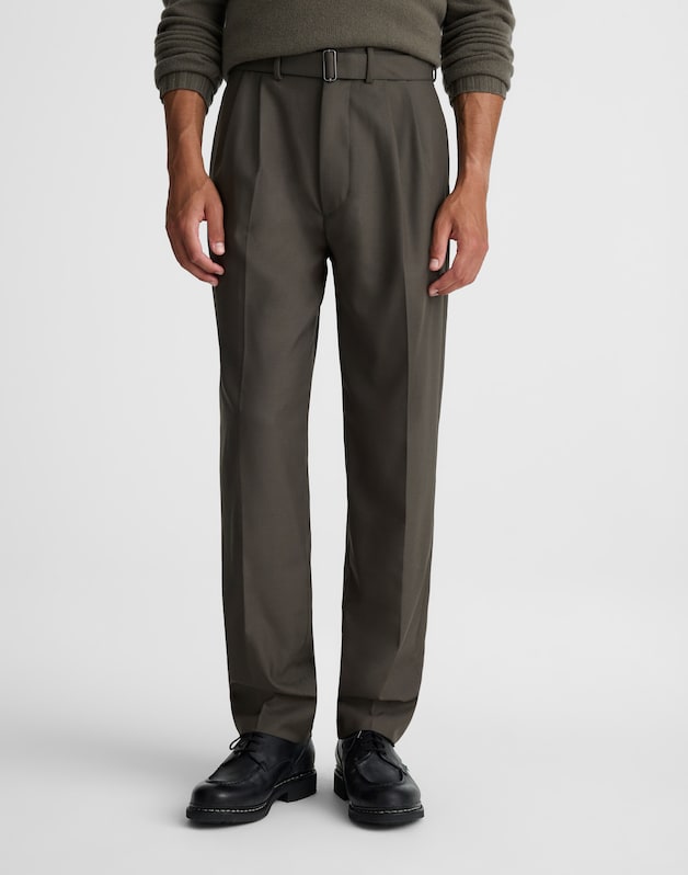 Belted Double-Pleat Trousers in Wool Blend SOOT