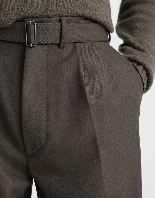 Belted Double-Pleat Trousers in Wool Blend SOOT