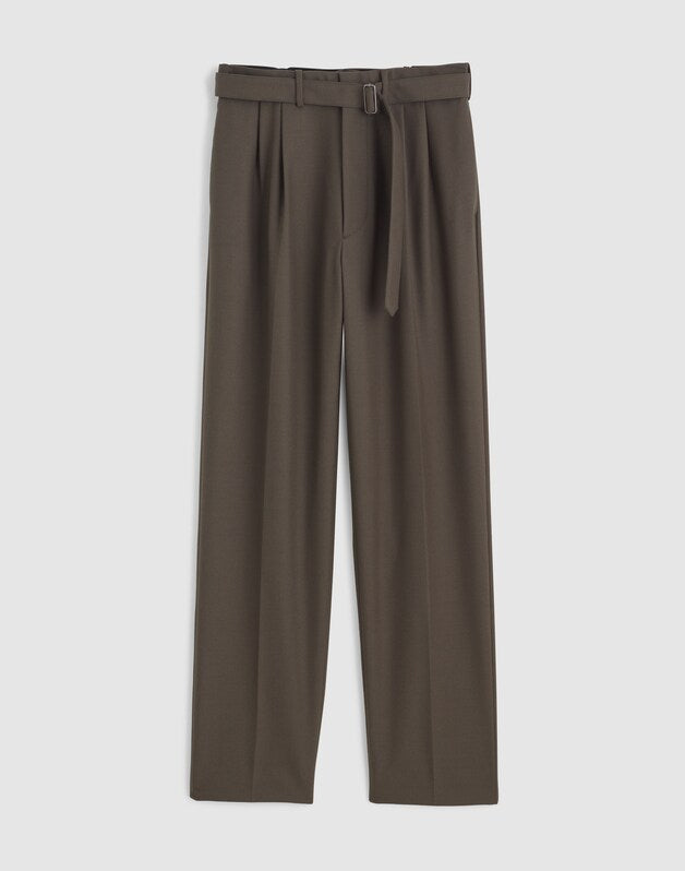 Belted Double-Pleat Trousers in Wool Blend SOOT