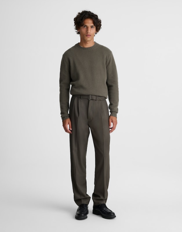 Belted Double-Pleat Trousers in Wool Blend SOOT