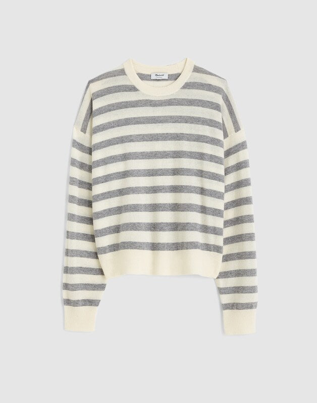 Rib-Stitch Crewneck Sweater in Cashmere IVORY AND HTHR GREY STRIPE