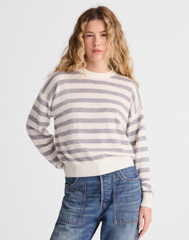 Rib-Stitch Crewneck Sweater in Cashmere IVORY AND HTHR GREY STRIPE