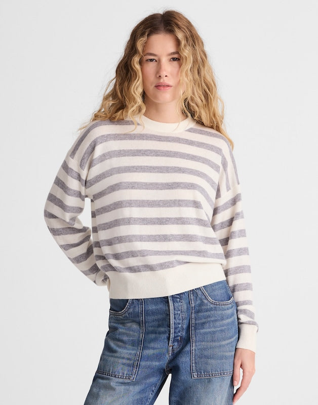 Rib-Stitch Crewneck Sweater in Cashmere IVORY AND HTHR GREY STRIPE
