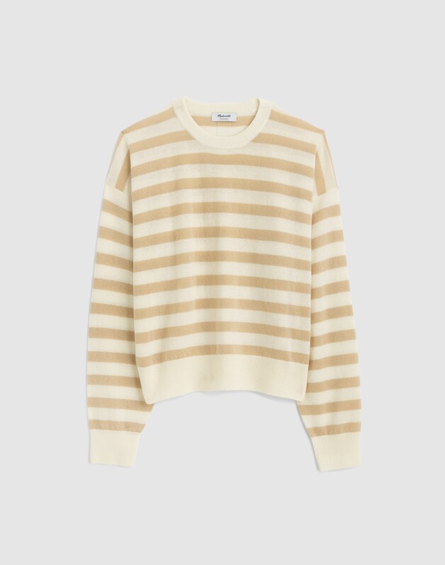 Rib-Stitch Crewneck Sweater in Cashmere IVORY AND BISCUIT STRIPE
