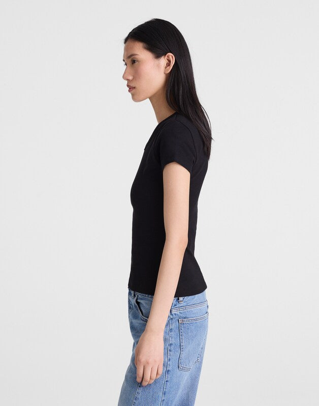The '90s V-Neck Baby Tee in Compact Cotton JET BLACK