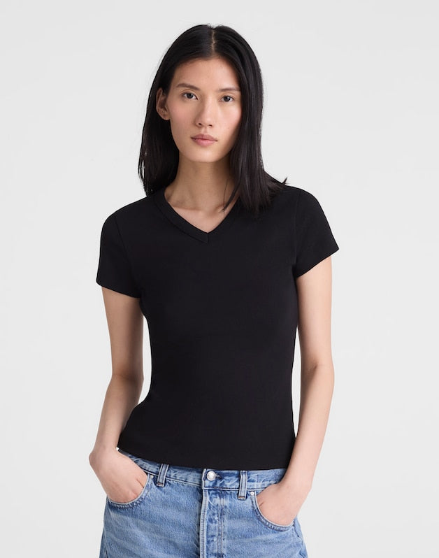 The '90s V-Neck Baby Tee in Compact Cotton JET BLACK