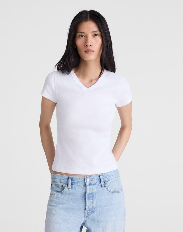 The '90s V-Neck Baby Tee in Compact Cotton WHITE