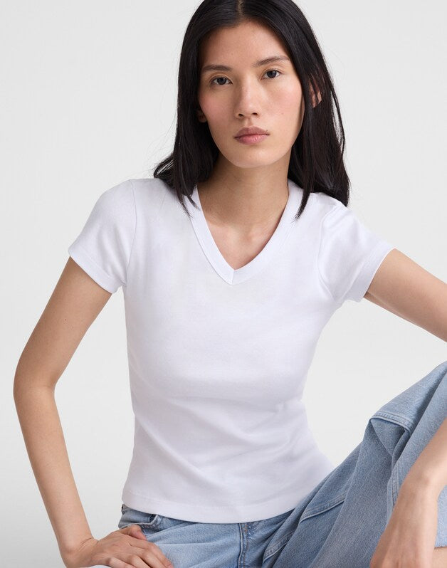 The '90s V-Neck Baby Tee in Compact Cotton WHITE