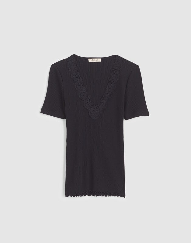 Lace-Trim V-Neck Top JET BLACK
