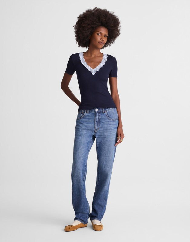 Lace-Trim V-Neck Top MIDNIGHT NAVY