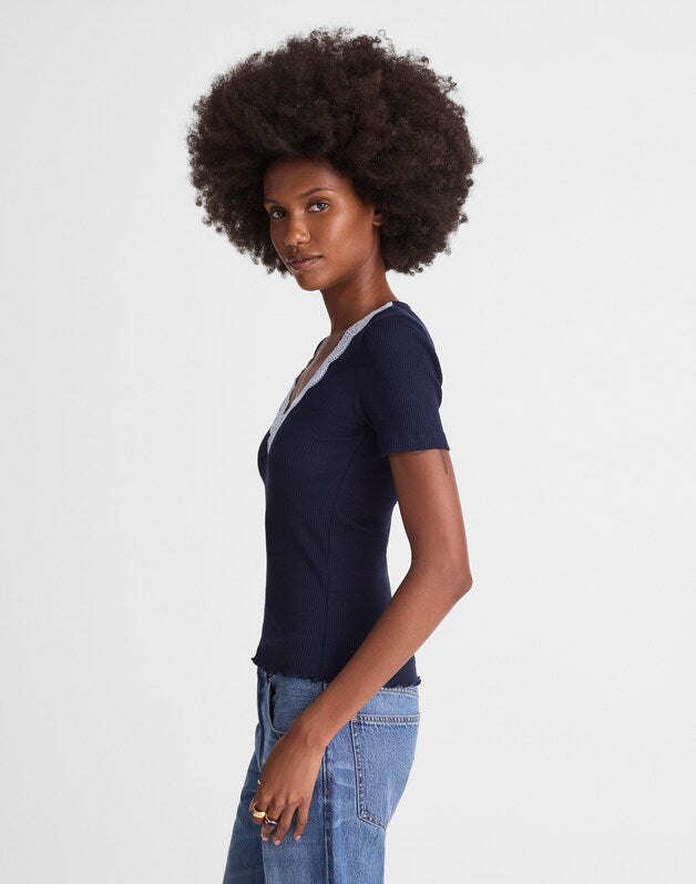 Lace-Trim V-Neck Top MIDNIGHT NAVY