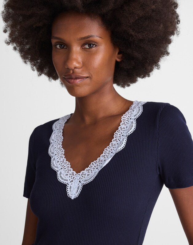 Lace-Trim V-Neck Top MIDNIGHT NAVY