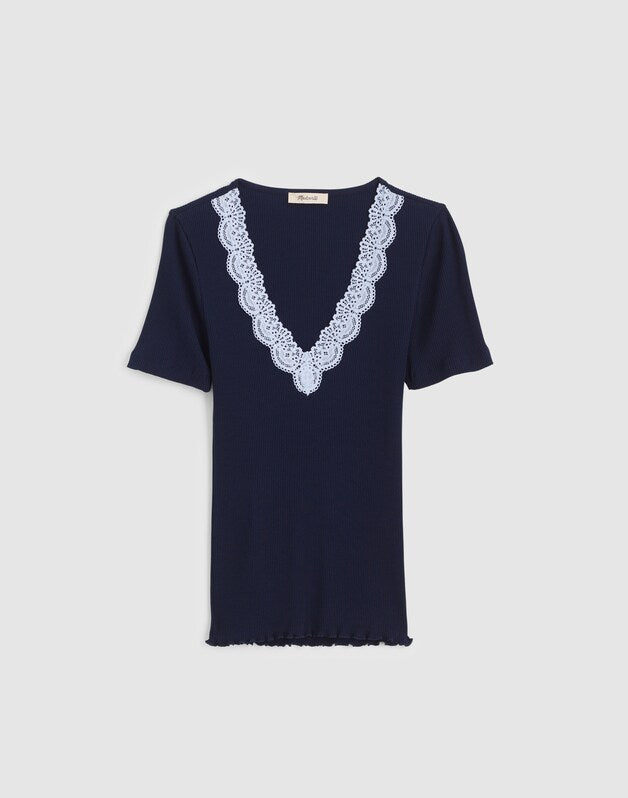 Lace-Trim V-Neck Top MIDNIGHT NAVY