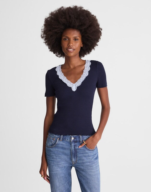 Lace-Trim V-Neck Top MIDNIGHT NAVY