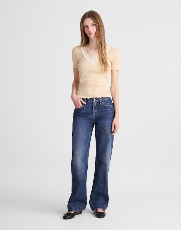 Lace-Trim V-Neck Top PALE MARZIPAN