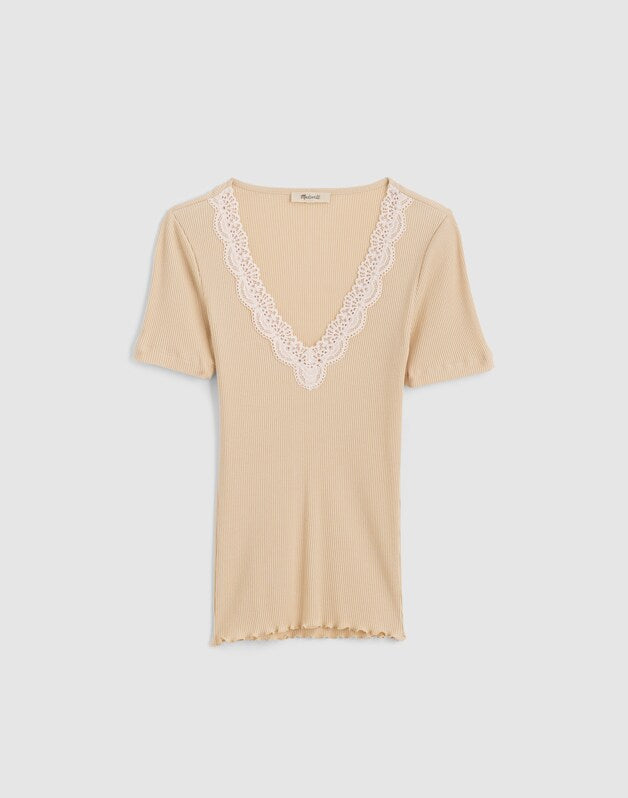 Lace-Trim V-Neck Top PALE MARZIPAN