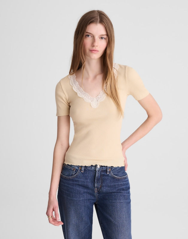 Lace-Trim V-Neck Top PALE MARZIPAN