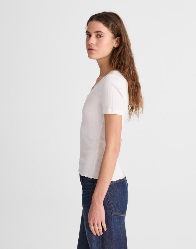 Lace-Trim V-Neck Top WINTER WHITE