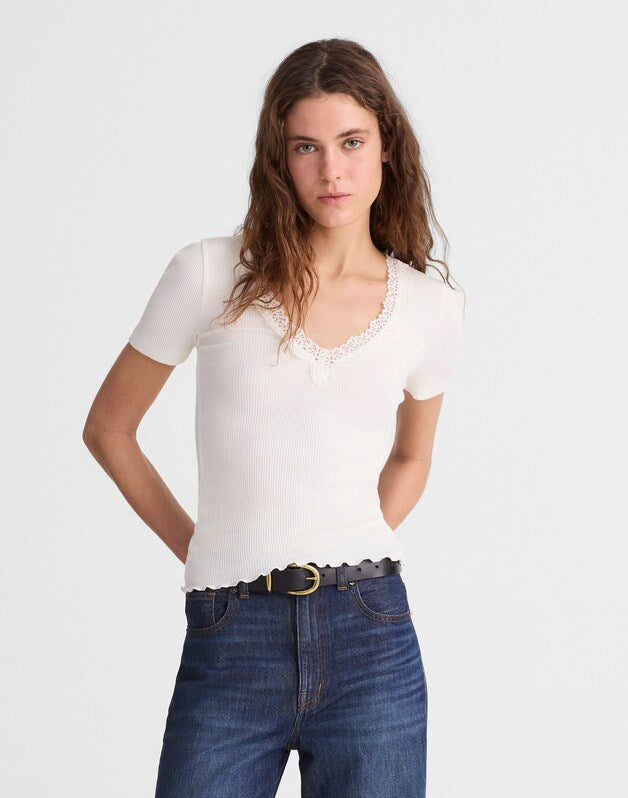 Lace-Trim V-Neck Top WINTER WHITE