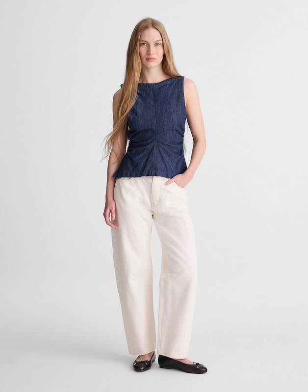 Denim Ruched Boatneck Shell Top LIGHT RINSE