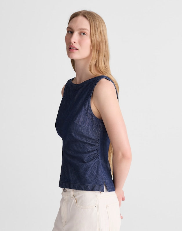 Denim Ruched Boatneck Shell Top LIGHT RINSE