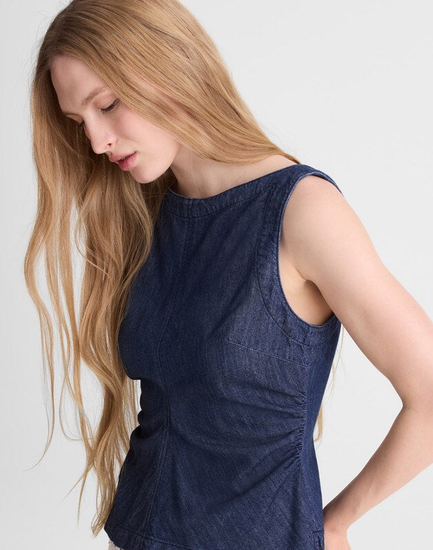 Denim Ruched Boatneck Shell Top LIGHT RINSE