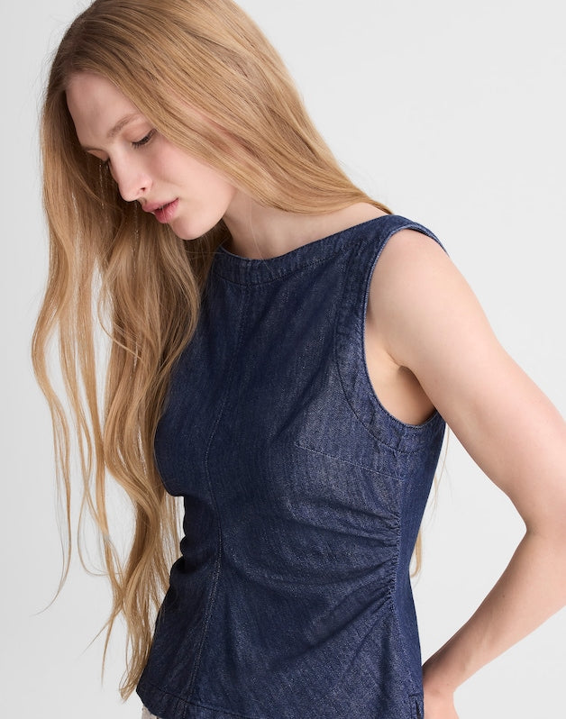 Denim Ruched Boatneck Shell Top LIGHT RINSE