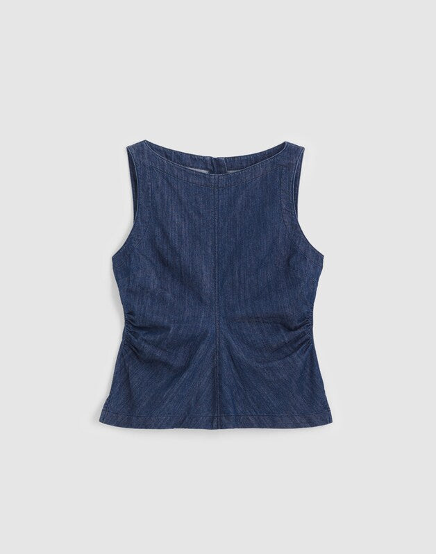 Denim Ruched Boatneck Shell Top LIGHT RINSE