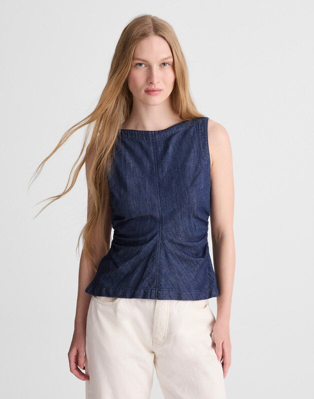 Denim Ruched Boatneck Shell Top LIGHT RINSE