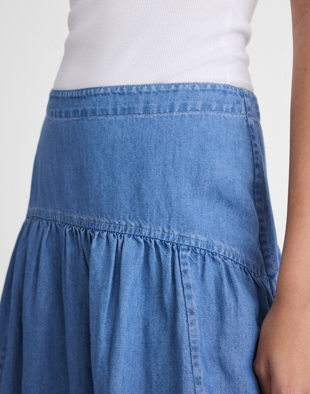 Drop-Waist Maxi Skirt in Cotton-Linen Denim IRVING WASH