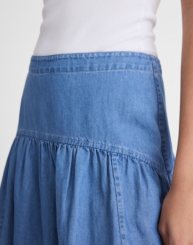 Drop-Waist Maxi Skirt in Cotton-Linen Denim IRVING WASH